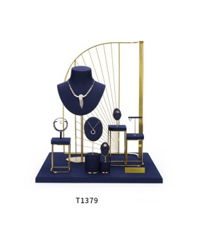 Luxury Gold Metal Navy Blue Velvet Jewelry Display Set