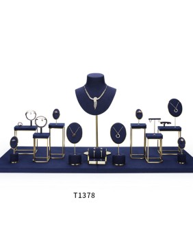 Luxury Gold Metal Navy Blue Velvet Jewelry Showcase Display Set