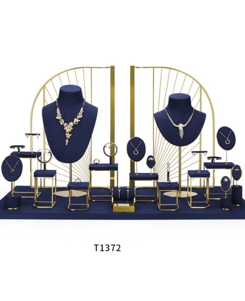 Luxe marineblauwe fluwelen sieradenvitrine-displayset