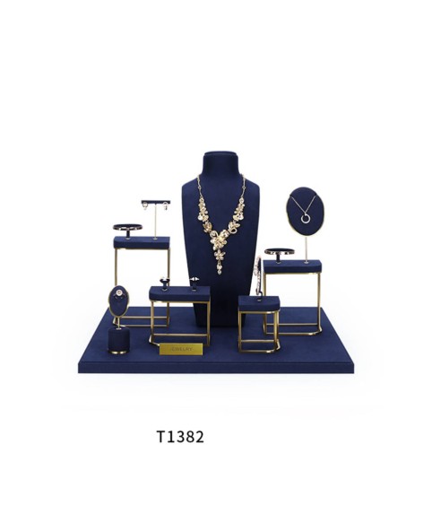 Conjunto de exibição de joias de veludo azul marinho de metal dourado de varejo de luxo para venda