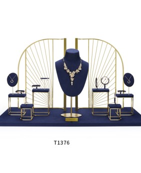 Luxury Retail Navy Blue Velvet Jewelry Display Set For Sale
