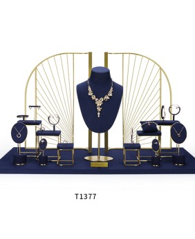 Conjunto de exibição de vitrine de joias de veludo azul marinho de varejo de luxo para venda