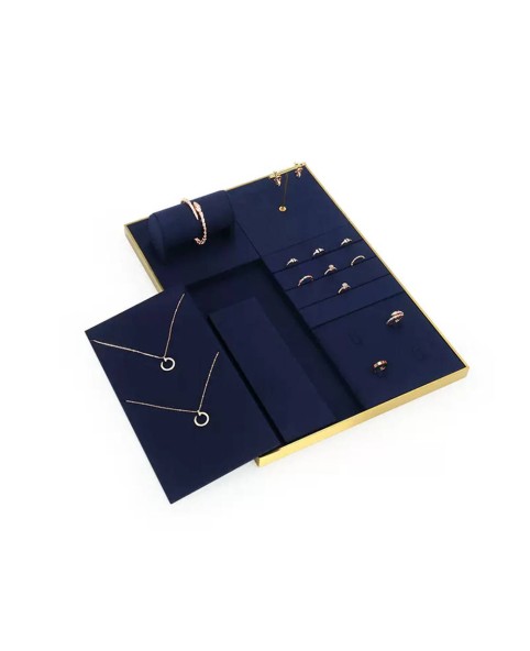 Luxury Navy Blue Velvet Gold Trim Jewelry Showcase Display Tray
