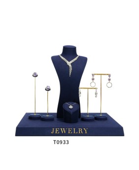 Luxe marineblauwe fluwelen gouden metalen sieradenvitrine-displayset voor de detailhandel