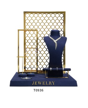 Nieuwe marineblauwe fluwelen gouden metalen sieradenvitrine-displayset