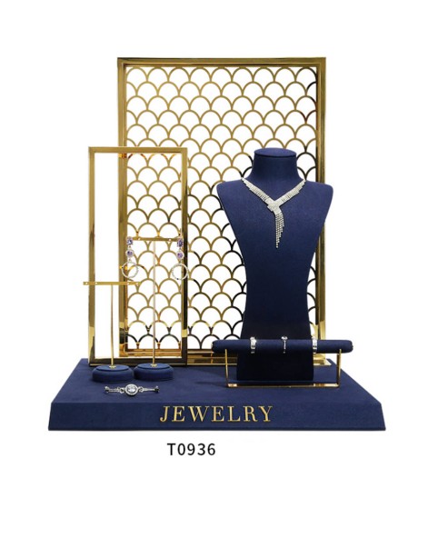 Новый набор витрин для ювелирных изделий из металла темно-синего бархата и золота