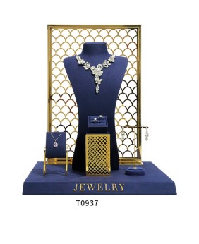 Nuovo set per vetrine per gioielli in metallo dorato e velluto blu navy