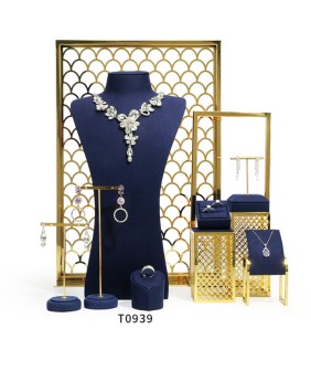 Popular conjunto de exhibición de joyería de metal dorado de terciopelo azul marino
