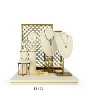 Gold Metal Off White Velvet Jewelry Showcase Display Set For Sale