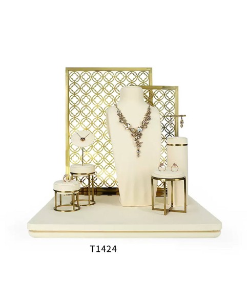 Set di espositori per gioielli in velluto bianco sporco in metallo dorato al dettaglio