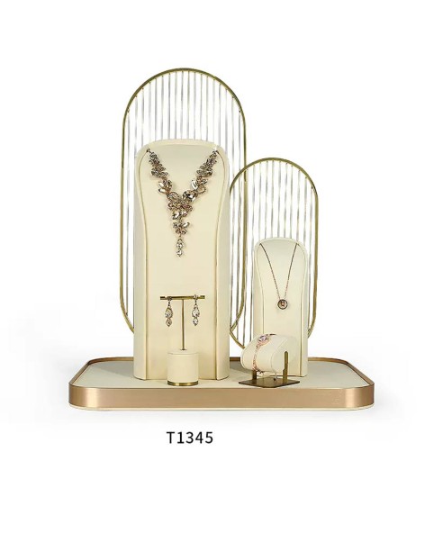 Juego de exhibición de joyería de terciopelo blanco, metal dorado, venta al por menor de alta gama