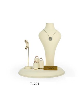 Nuevo juego de exhibición de escaparate de joyería de terciopelo blanco, metal dorado de primera calidad, venta al por menor, a la venta