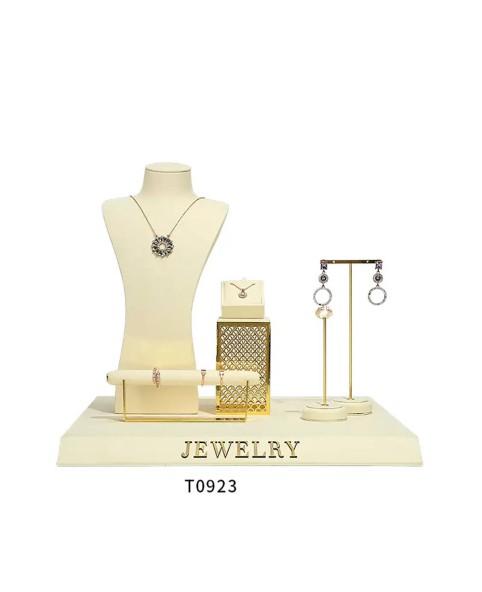 Novo conjunto de exibição de joias de veludo branco em metal dourado