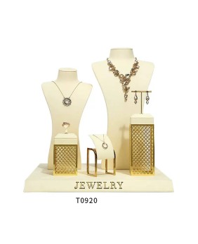 Gold Metal Off White Velvet Jewelry Display Set For Sale