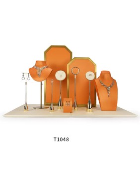 Set di espositori per gioielli in pelle arancione al dettaglio di alta qualità