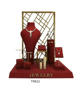 Luxury Gold Metal Red Velvet Jewelry Display Set For Sale