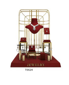 Luxury Retail Gold Metal Red Velvet Jewelry Display Set
