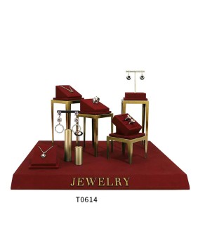 Premium Gold Metal Red Velvet Jewelry Display Set For Sale