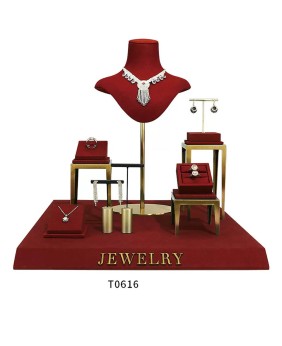 Premium Gold Metal Red Velvet Jewelry Showcase Display Set For Sale
