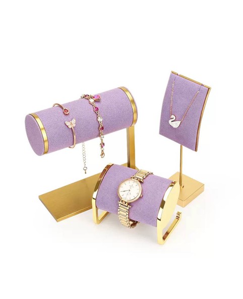Brazalete de pulsera de terciopelo de metal dorado de lujo y soporte para exhibición de relojes