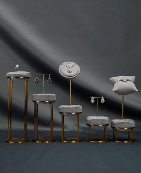 Luxury Grey Velvet Gold Metal Tall Ring Display Stand For Sale