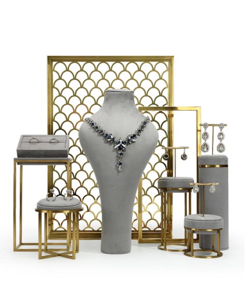 Luxury Grey Velvet Gold Metal Tall Ring Display Stand For Sale