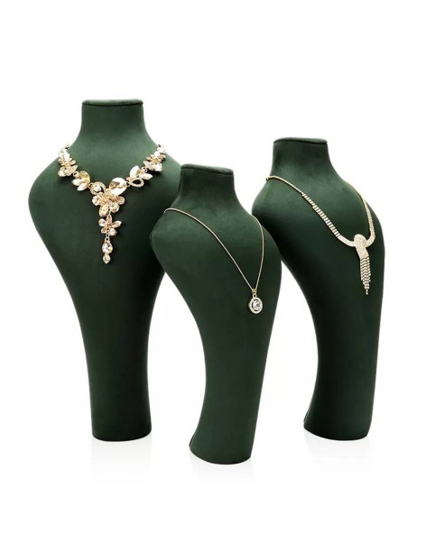 Soporte de busto de exhibición de collar de joyería de terciopelo verde premium a la venta