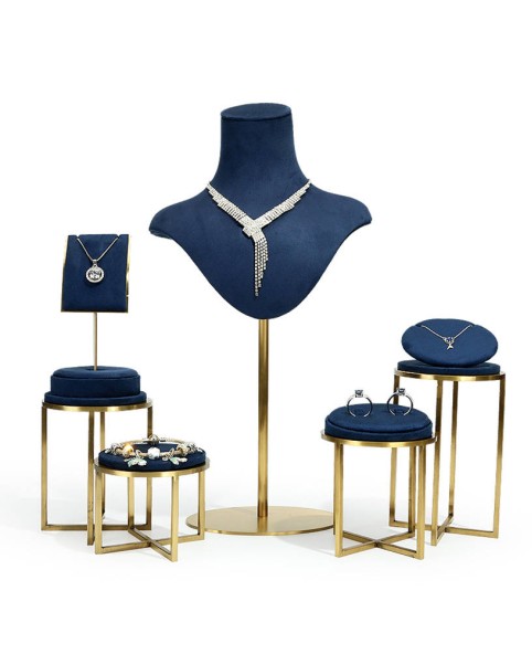 Luxury Navy Blue Velvet Gold Metal Slot Ring Display Stand For Sale