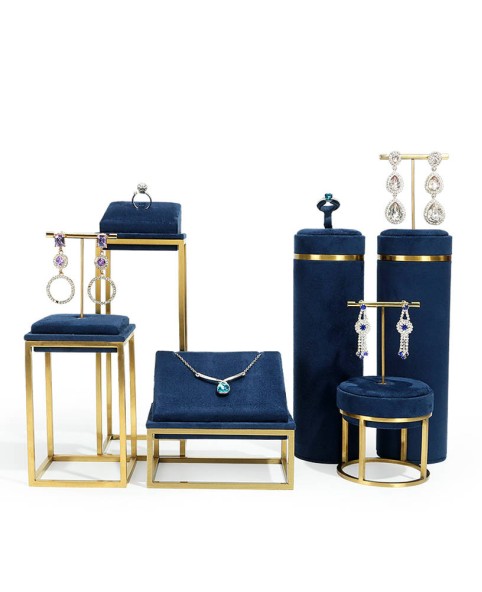 Luxury Navy Blue Velvet Stainless Steel Jewelry Window Display Sets For Sale