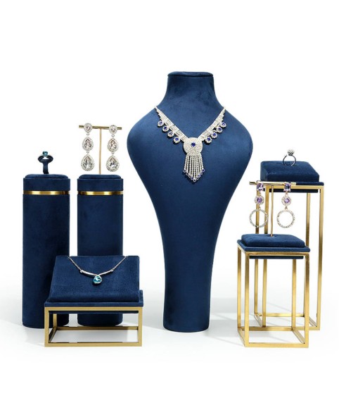 Luxury Gold Metal Navy Blue Velvet Tall Earring Display Stand