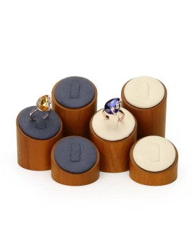 Luxury Wooden Cream and Gray Velvet Round Ring Display Holder