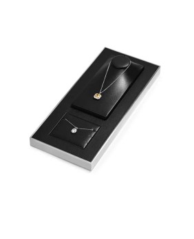Plateau de collier double de luxe en cuir noir avec bordure argentée