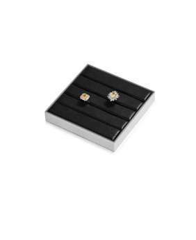 Bandeja de exhibición de anillos de joyería con adornos plateados de cuero negro de primera calidad
