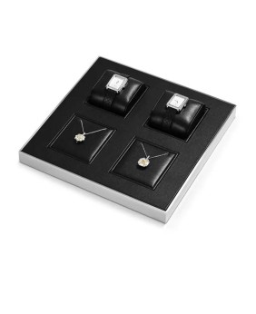 Vassoio espositore per orologi e collane in pelle nera di alta qualità con finiture in argento