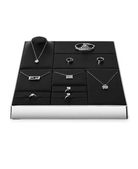 Luxuriöses Schmuck-Display-Tablett aus schwarzem Samt mit Silberbesatz zu verkaufen