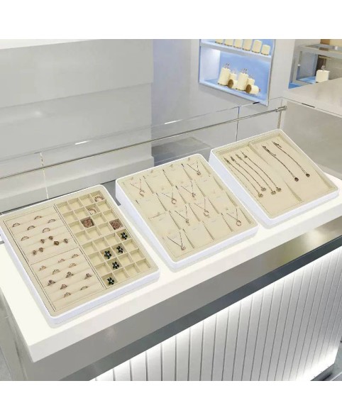 Luxury Cream Velvet Retail White Trim Jewelry Display Tray For Sale