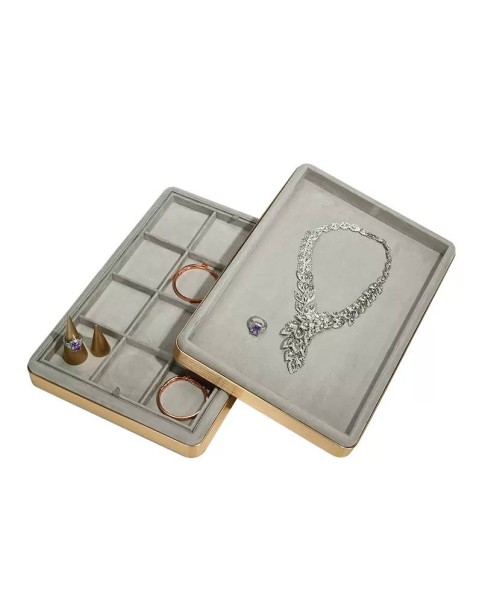Gold Luxury Light Gray Velvet Retail Jewelry Tray For Sale