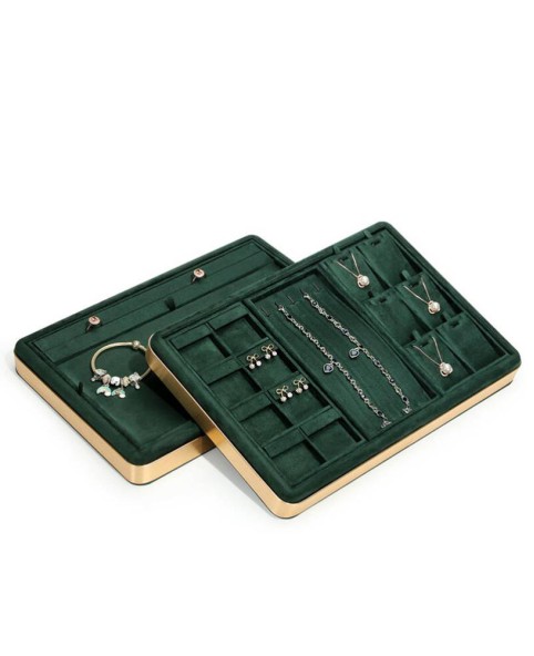 Bandeja rectangular de lujo para pulseras de joyería de terciopelo verde dorado