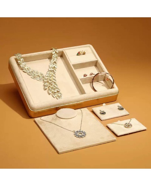 Luxury Premium Gold Light Gray Velvet Retail Jewelry Set Display Tray