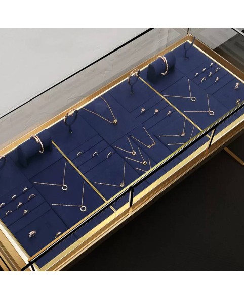 Роскошный поднос для витрины ювелирных изделий с бархатной золотой отделкой темно-синего цвета для продажи