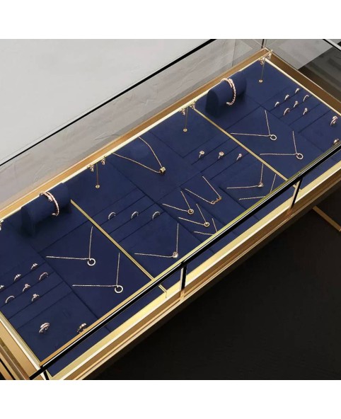 Bandeja de exibição de joias com acabamento dourado de veludo marinho luxuoso para venda