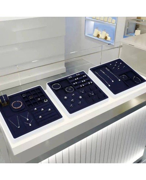 Luxury Navy Blue Velvet White Trim Jewelry Display Tray