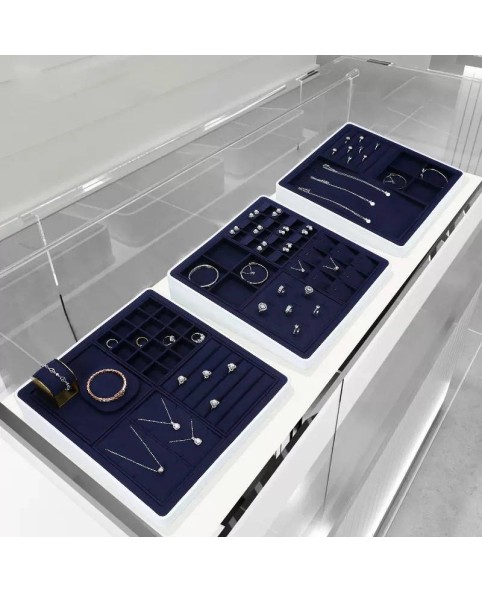 Luxury Navy Blue Velvet Slot Ring Display Tray