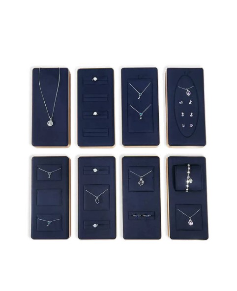 Vassoio espositore per anelli e collane di lusso in velluto blu navy di alta qualità