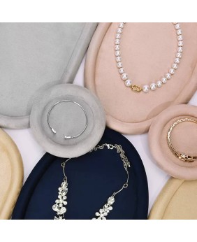 Nampan Presentasi Perhiasan Bulat Kecil Beludru Khaki Mewah Untuk Dijual