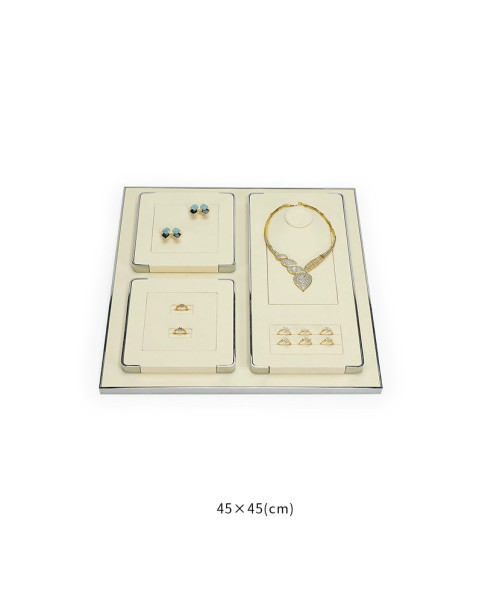 Ensemble de plateaux de présentation de bijoux en velours blanc cassé avec bordure argentée populaire