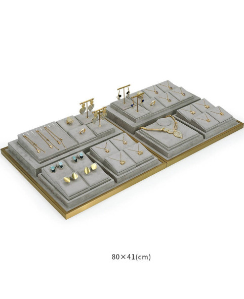 Hoogwaardige Premium Lichtgrijze Fluwelen Sieraden Vitrine Display Set