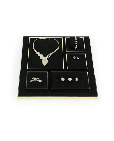 Plateaux d'affichage de bijoux en velours noir à bordure dorée populaires Plateaux d'affichage de bijoux en velours noir à bordure dorée populaires