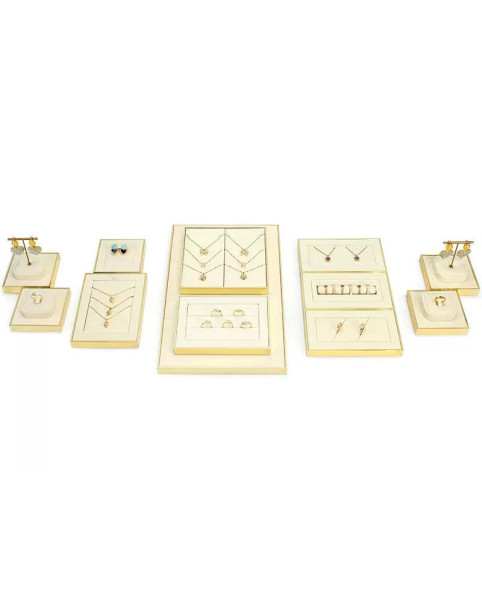 Set di vassoi per esposizione di gioielli in velluto bianco con finiture dorate