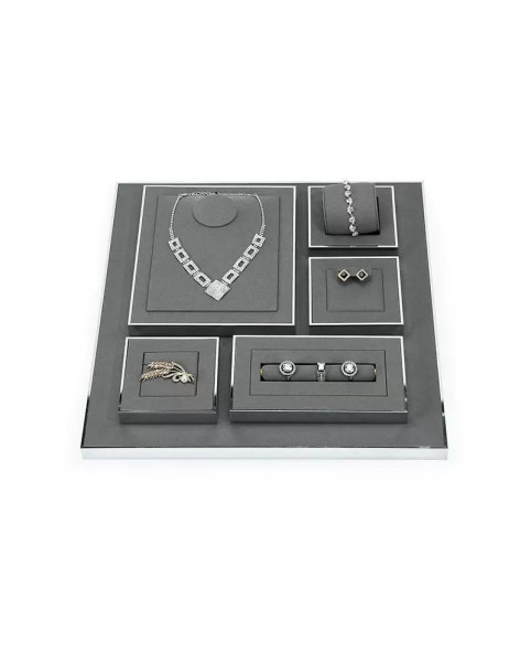 Plateaux d'affichage de bijoux à garniture argentée en velours gris foncé haut de gamme Plateaux d'affichage de bijoux à garniture argentée en velours gris foncé haut de gamme